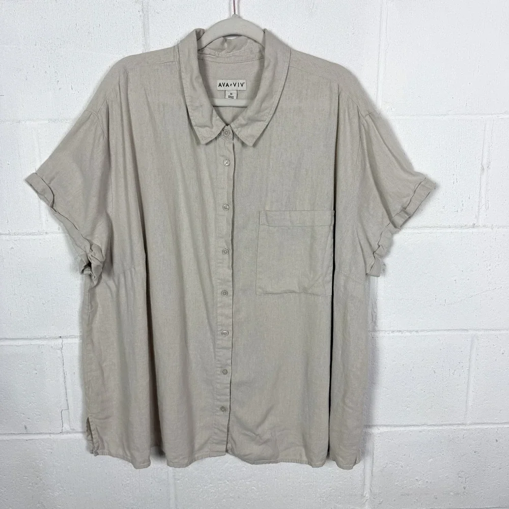Ava & Viv Button Up Top Plus SZ 3X Linen Blend Wrap-Back Neutral Beach Coastal - Picture 1 of 12